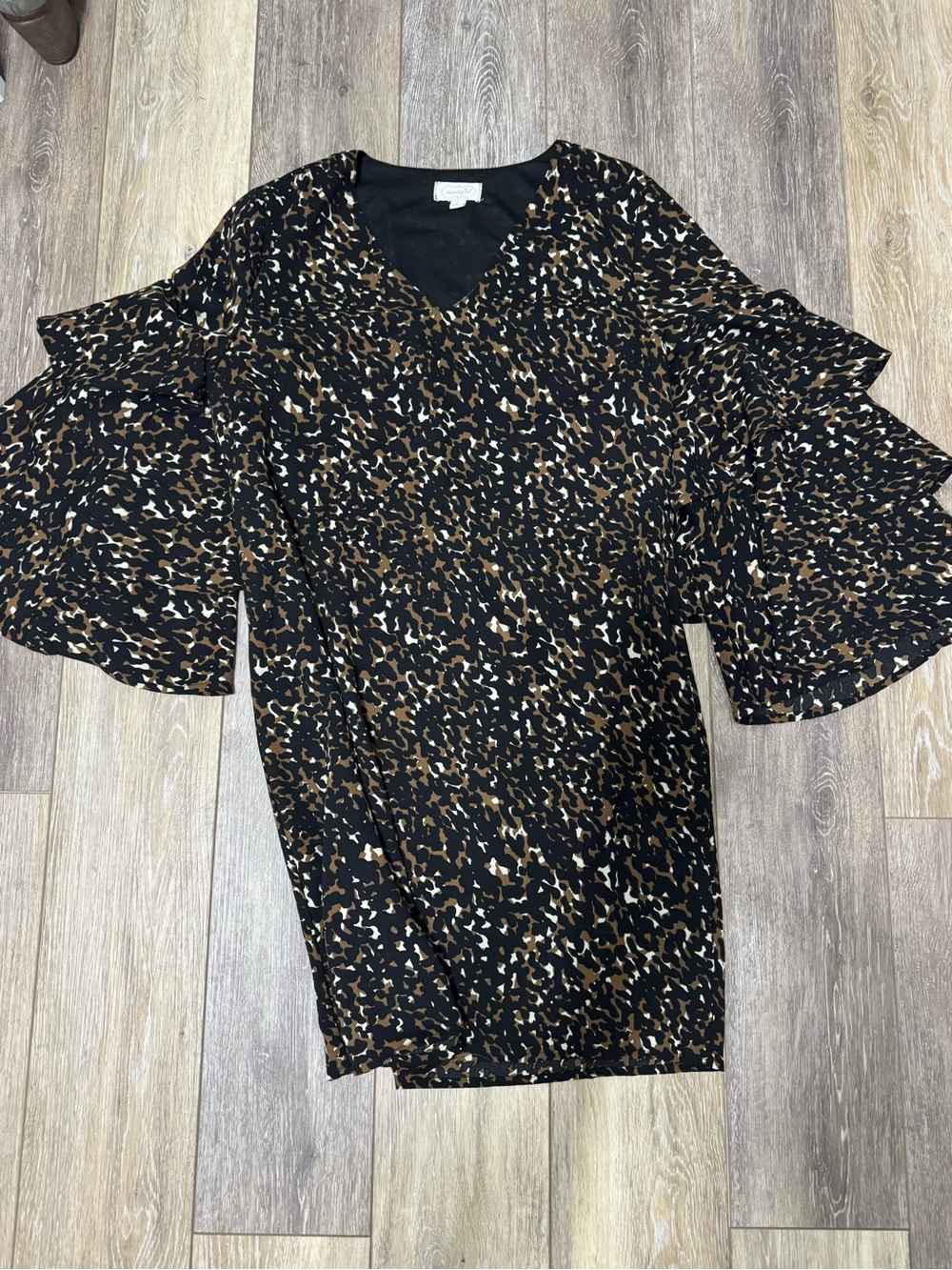 Mud Pie Black Brown and Cream Animal Print Ruffle Sleeve Dress